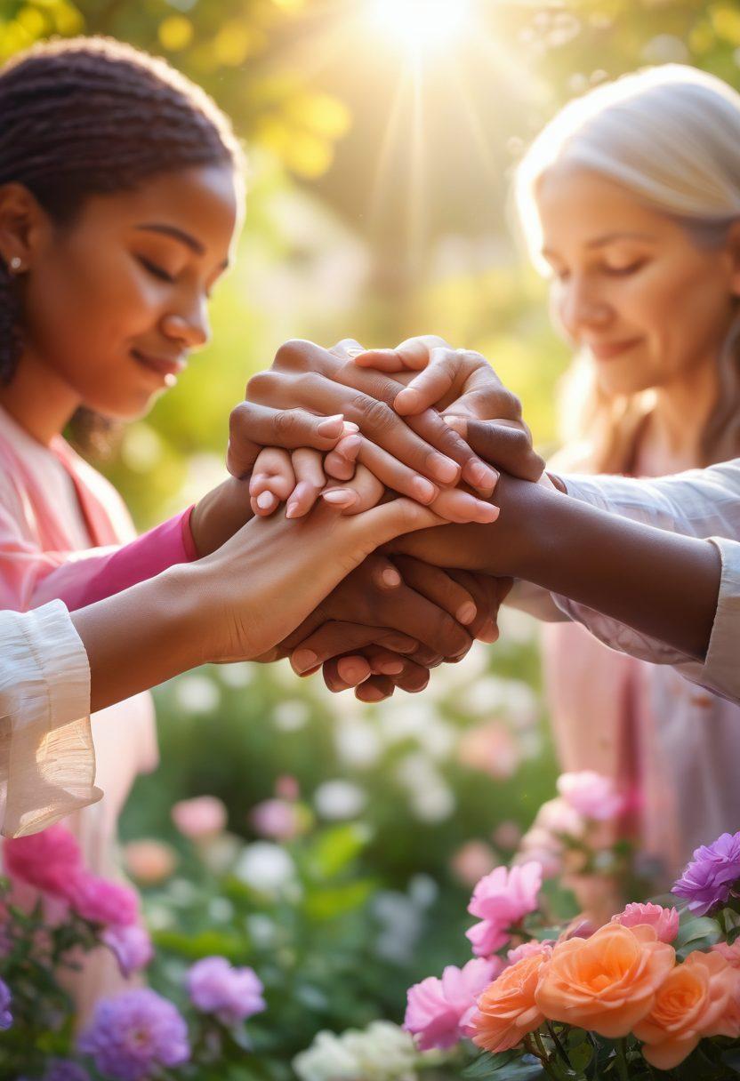 A heartfelt scene depicting a group of diverse individuals supporting each other in a serene garden, with comforting expressions and interlinked hands symbolizing unity. In the background, vibrant flowers and soft sunlight create a warm atmosphere, while subtle hints of cancer awareness ribbons are incorporated. Focus on expressions of hope and resilience. super-realistic. vibrant colors. soft bokeh background.