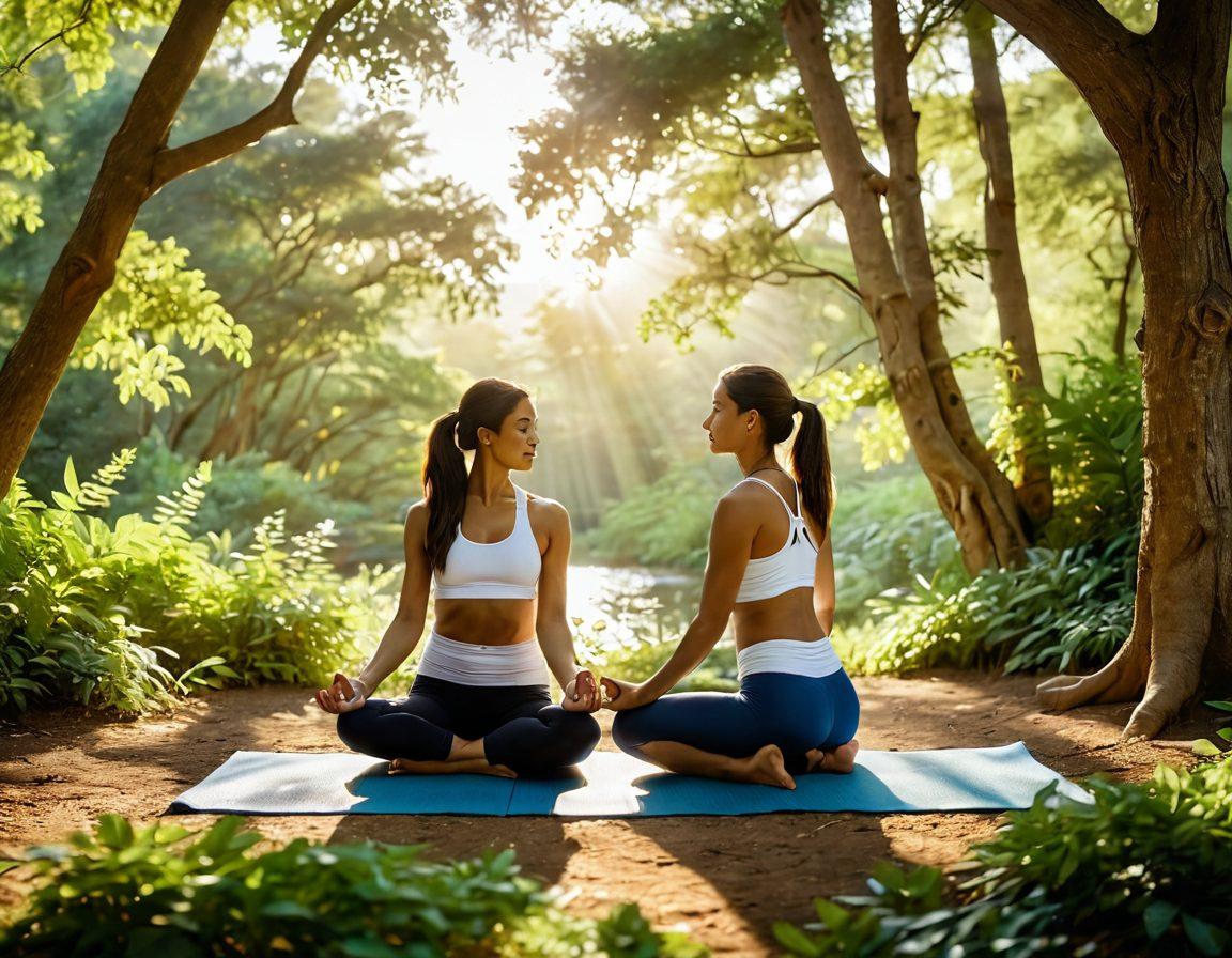 A serene scene depicting two friends supporting each other in a nature setting, one offering a comforting touch while the other is engaging in a gentle yoga pose. Lush greenery surrounds them, symbolizing growth and resilience, with soft golden light filtering through the trees. Include elements like a water bottle and healthy snacks nearby to emphasize wellness. super-realistic. vibrant colors. soft focus.