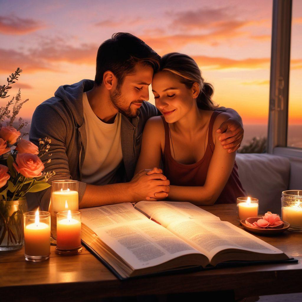 A loving couple sitting together in a serene, supportive environment, sharing a warm embrace while surrounded by symbols of hope like soft candles and blooming flowers. They are engaged in an open conversation, with a journal and healthy snacks on a table nearby, illustrating the journey of navigating cancer with love and partnership. The background features a tranquil sunset, symbolizing hope and togetherness. super-realistic. warm colors. soft lighting.